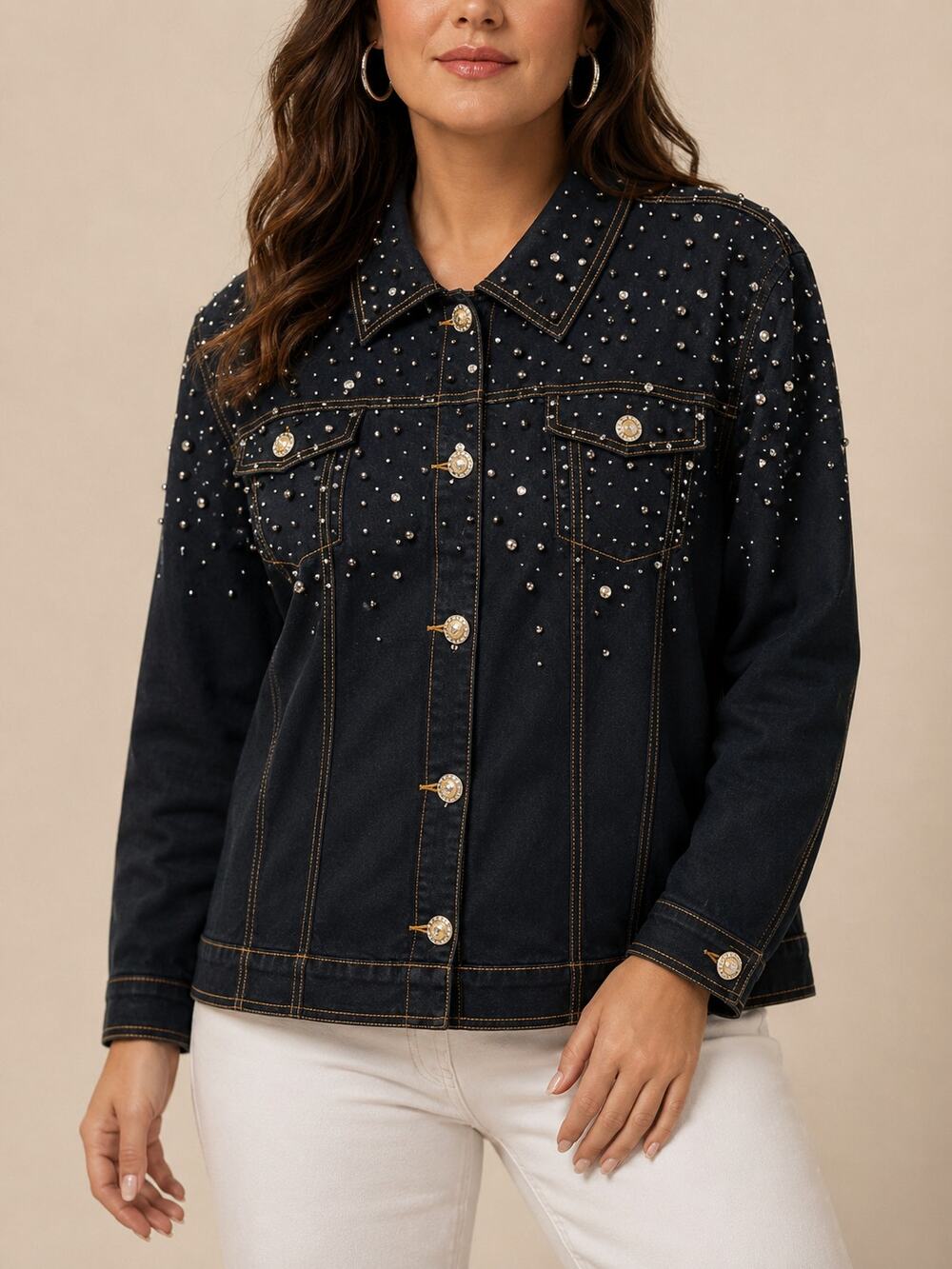 Quacker Factory Denim Trucker Jacket 2X Plus Black Pearl Rhinestone Studded Jean